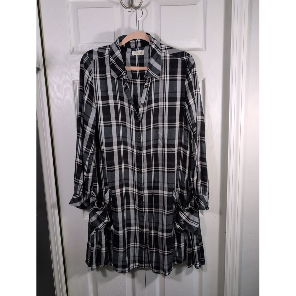 Lou & Grey Shirt Dress Womens M Black White Plaid Viscose Button Front Boho
